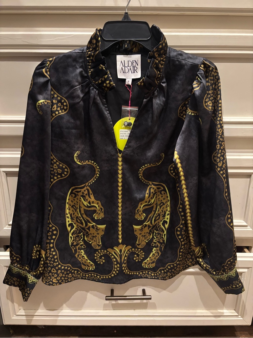 Alden Adair Black Blouse with Gold Leopard Accents, NEW, size small
